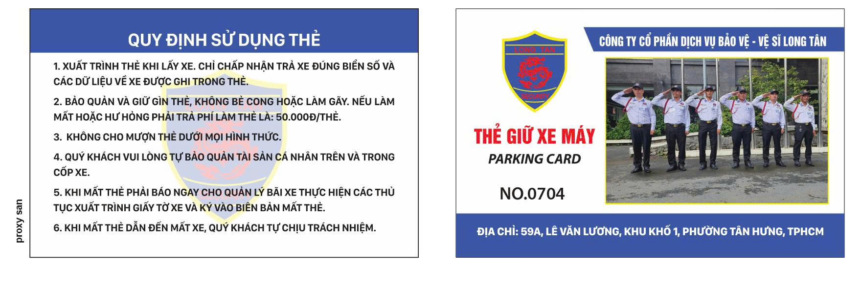 Thẻ giữ xe bảo vệ Long tân